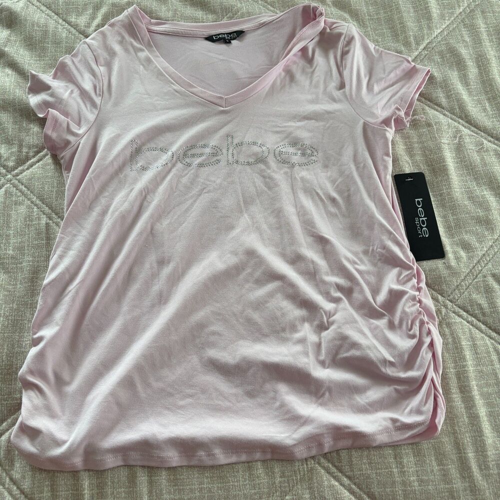 NWT Bebe Sport Light Pink Rhinestone Logo V-Neck Side Ruched T-Shirt Small
